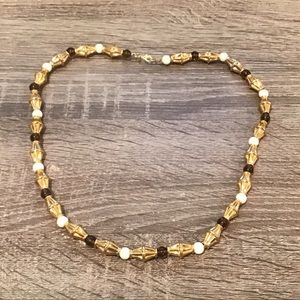 Vintage Monet Heavy Gold Tone Amber & White Glass Beaded Necklace 24 1/2" Long